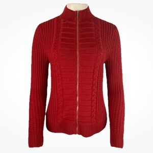 St. John Sz S 100% Wool Waffle Knit Full Zip Mock Neck Sweater Red Holiday